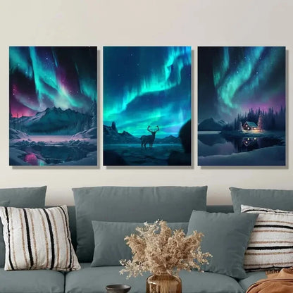 3pcs Featuring an Arctic Night Scene with Auroras Metal Print Ready to Hang Art