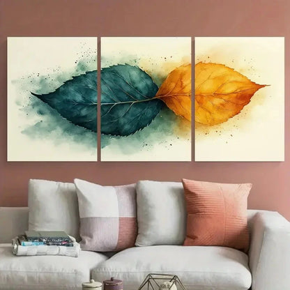 3pcs Modern Green Golden Abstract Leaf Metal Print Ready to Hang Art