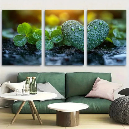 3pcs Green Clover Heart with Water Droplet Design Metal Print Ready to Hang Art