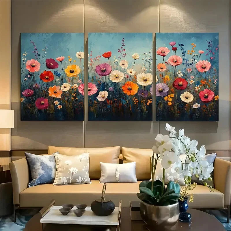 3pcs Vibrant Wildflower Meadow Floral Field Metal Print Ready to Hang Art