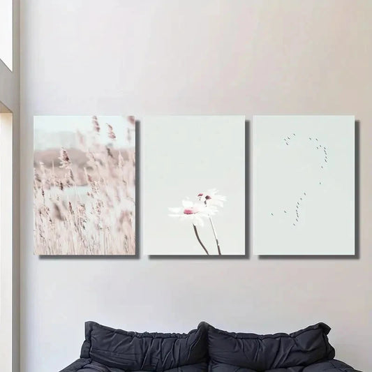 3pcs Modern Daisy and Wheat Design Pink Tones Metal Print Ready to Hang Art