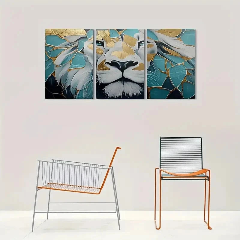3pcs Lion Golden & Teal Geometric Wall Art Set Canvas Framed 40x60cm - High Quality Print 100% Australian Made Wall Canvas Ready to Hang