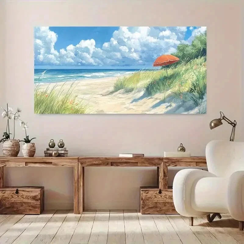 Serene Beach Umbrella Sky wall canvas office home room framed 120x60cm - Bella Home Decor