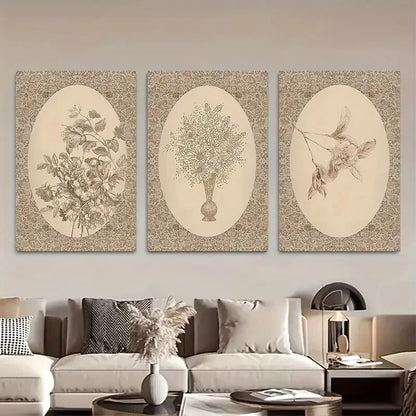 3pcs Vintage Floral Sketches Botanical IllustrationMetal Print Ready to Hang Art