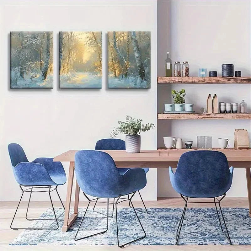 3pcs Golden Sunlight Winter Forest Landscape Metal Print Ready to Hang Art