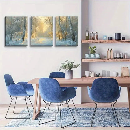 3pcs Golden Sunlight Winter Forest Landscape Metal Print Ready to Hang Art