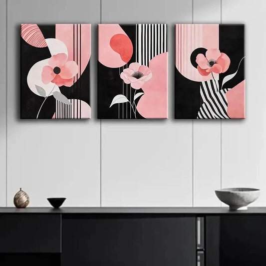 3pcs Pink Flowers & Black White Shapes Wall Art Set Canvas Framed 40x60cm - High Quality Print 100% Australian Made Wall Canvas Ready to Hang