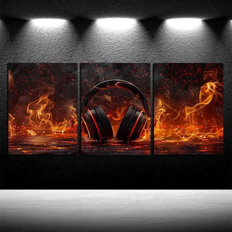 3pcs Hard style music Headphone in Fire Design Metal Print Ready to Hang Art