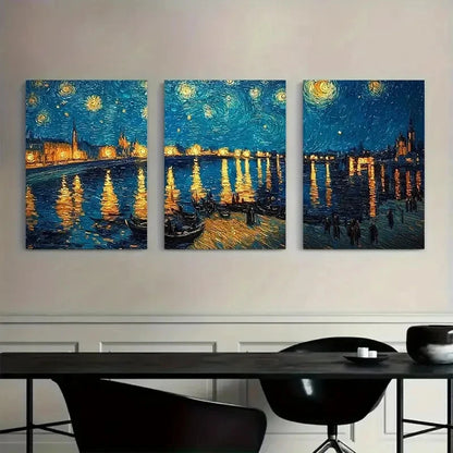 3pcs Swirling Stars and Peaceful Village Metal Print Ready to Hang Art