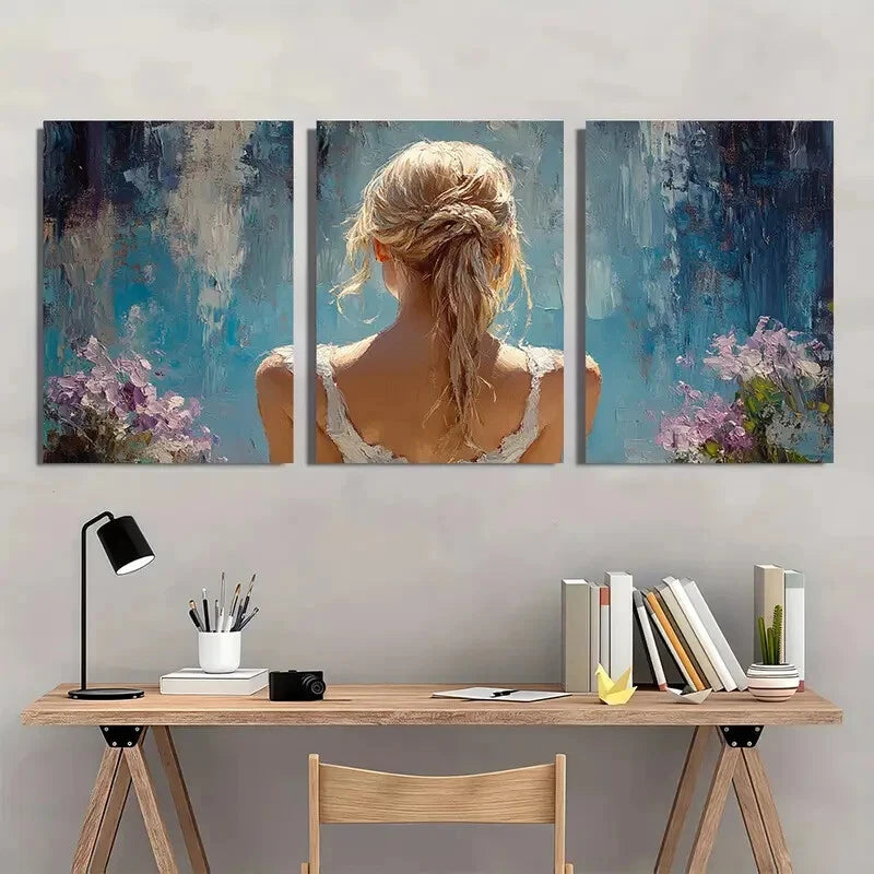 3pcs Elegant Blonde Ballerina in Blue & Pink Metal Print Ready to Hang Art