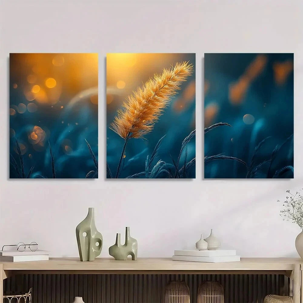 3pcs Modern Floral Green Tail Grass Metal Print Ready to Hang Art