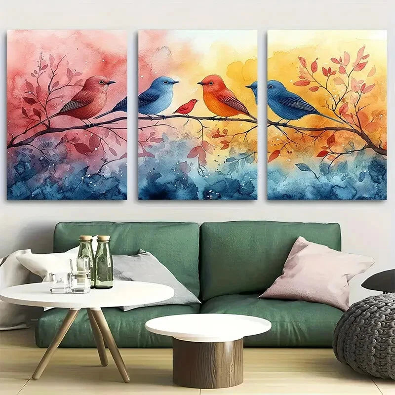 3pcs Vibrant Birds On A Tree Soft Watercolor Metal Print Ready to Hang Art