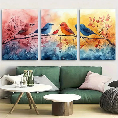 3pcs Vibrant Birds On A Tree Soft Watercolor Metal Print Ready to Hang Art