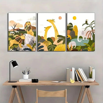 3pcs Elephant Giraffe Lion Wild Animals Art Metal Print Ready to Hang Art