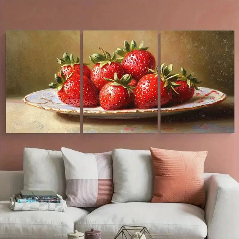3pcs Vibrant Still Life Strawberry Impasto Design Metal Print Ready to Hang Art