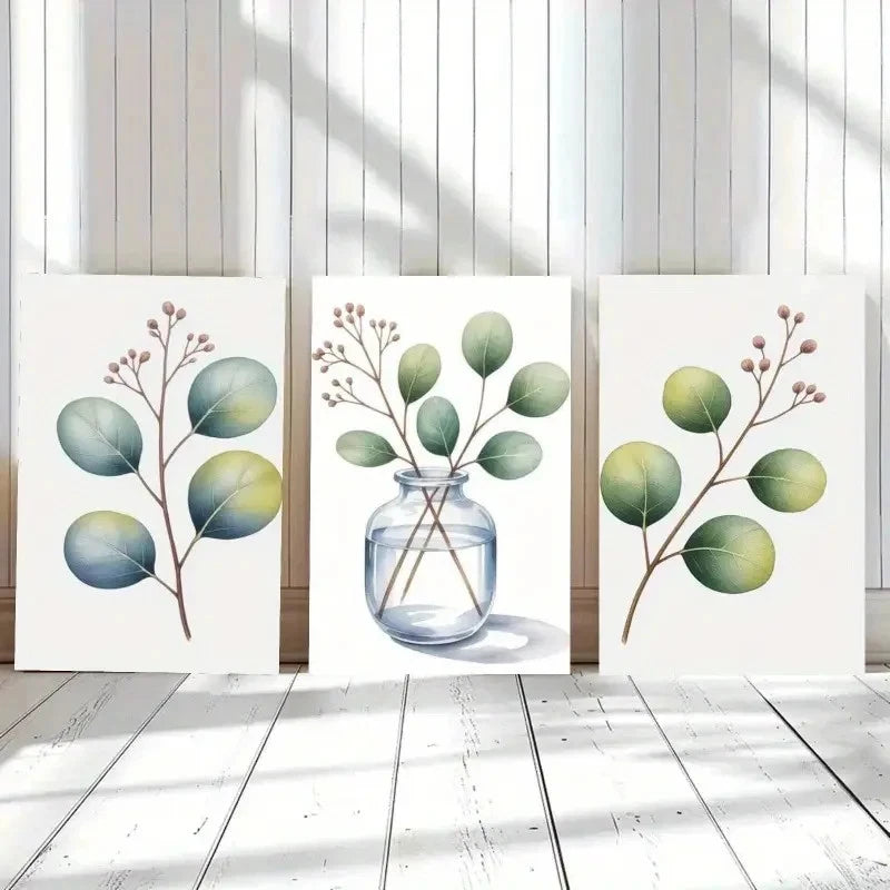 3pcs Botanical Prints with Blue & Green Leaves Metal Print Ready to Hang Art