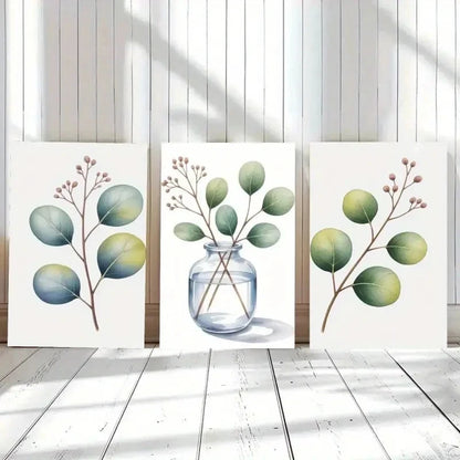 3pcs Botanical Prints with Blue & Green Leaves Metal Print Ready to Hang Art