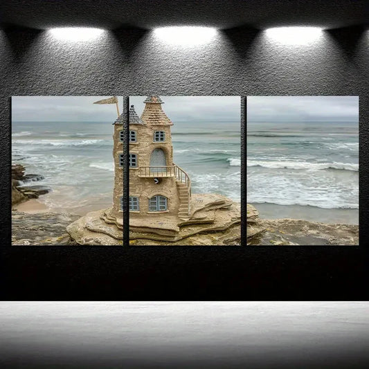 3pcs Dream Sand Tower on Beach Rock Metal Print Ready to Hang Art