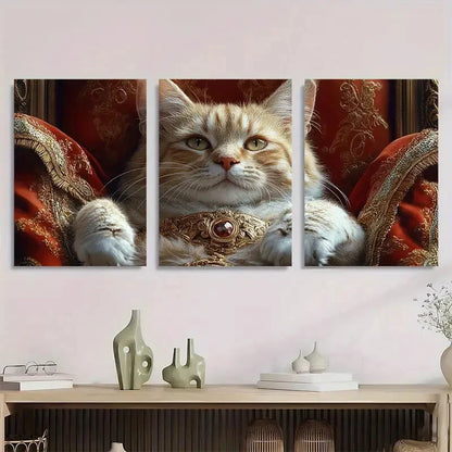 3pcs Royal Cat Luxurious Golden & Red Metal Print Ready to Hang Art