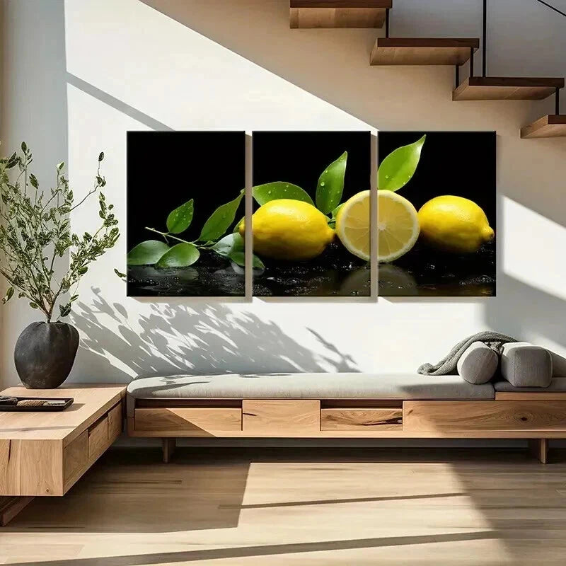 3pcs Vibrant Lemon & Green Leaf Design Wall Art Set Canvas Framed 40x60cm - High Quality Print 100% Australian Made Wall Canvas Ready to Hang