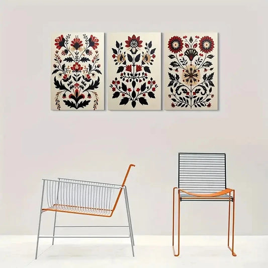 3pcs Bohemian Embroidery Style Wall Art Set Canvas Framed 40x60cm - High Quality Print 100% Australian Made Wall Canvas Ready to Hang