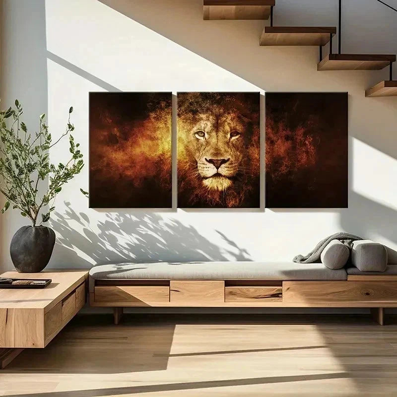 3pcs Dramatic Golden Lion & Black Background Wall Art Set Canvas Framed 40x60cm - High Quality Print 100% Australian Made Wall Canvas Ready to Hang