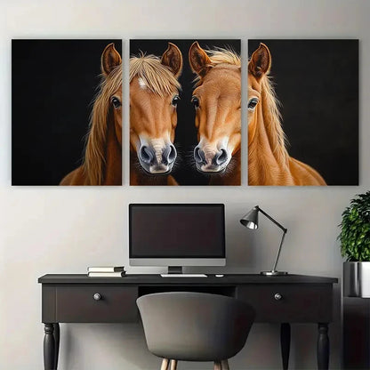 3pcs Pastel Portrait of Two Brown Horses Metal Print Ready to Hang Art
