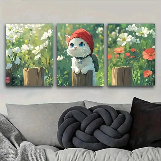 3pcs Charming White Cat in Flower Landscape Metal Print Ready to Hang Art
