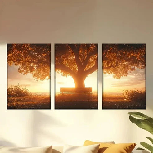 3pcs Bench Under a Tree in a Field Wall Art Canvas Unframed - High Quality Print 100% Australian Made Wall Canvas