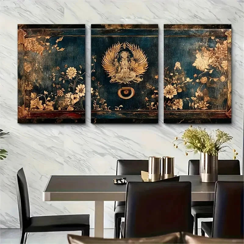 3pcs Traditional Handcrafted Decor Floral and Bird Metal Print Ready to Hang Art