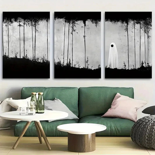 3pcs Yurei In A Sparse Bamboo Forest Minimalist Metal Print Ready to Hang Art