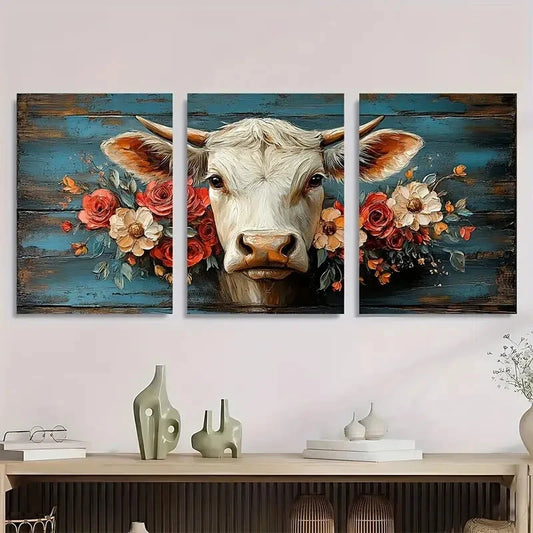3pcs Charming land Cow Rustic Whimsical Vibrant Metal Print Ready to Hang Art