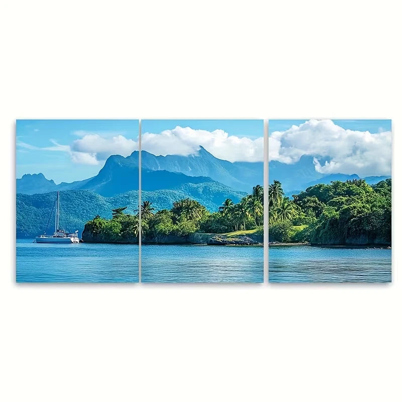 3pcs Blue Mountains Caribbean Travel Wall Art Set Canvas Framed 60x90cm - High Quality Print 100% Australian Made Wall Canvas Ready to Hang