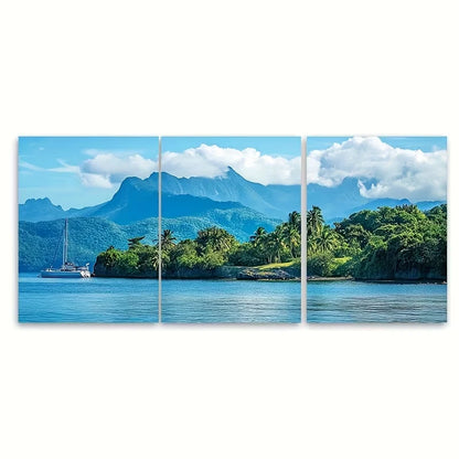 3pcs Blue Mountains Caribbean Travel Wall Art Set Canvas Framed 60x90cm - High Quality Print 100% Australian Made Wall Canvas Ready to Hang