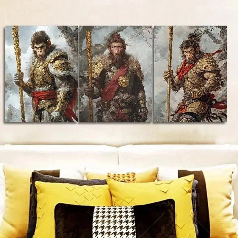 3pcs The Monkey King Mythology Theme Wall Art Set Canvas Framed 50x70cm - High Quality Print 100% Australian Made Wall Canvas Ready to Hang