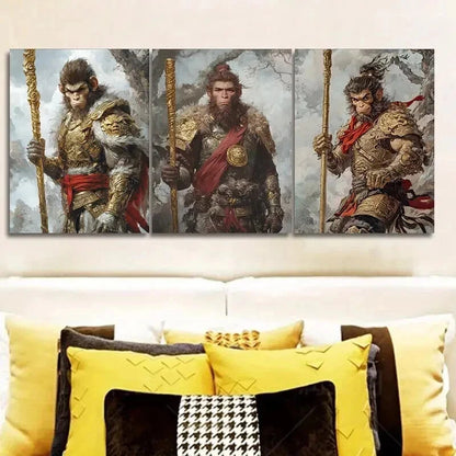 3pcs The Monkey King Mythology Theme Wall Art Set Canvas Framed 50x70cm - High Quality Print 100% Australian Made Wall Canvas Ready to Hang