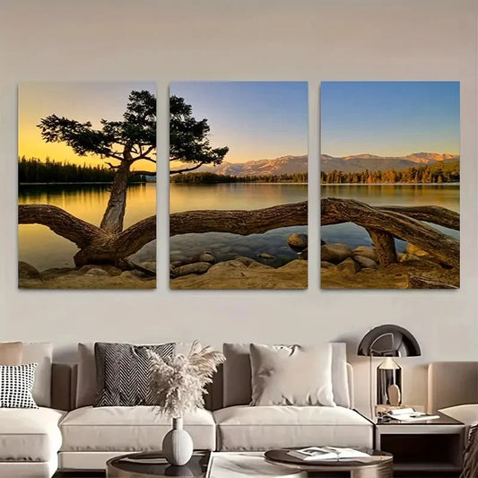 3pcs Calm Lake & Tree at Dawn Wall Art Metal Print Ready to Hang Art