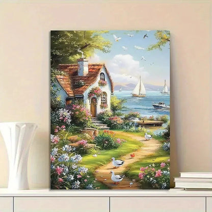 Beautiful Cottage by The Sea with Flowers And Ducks 40x60cm Metal Print Ready to Hang