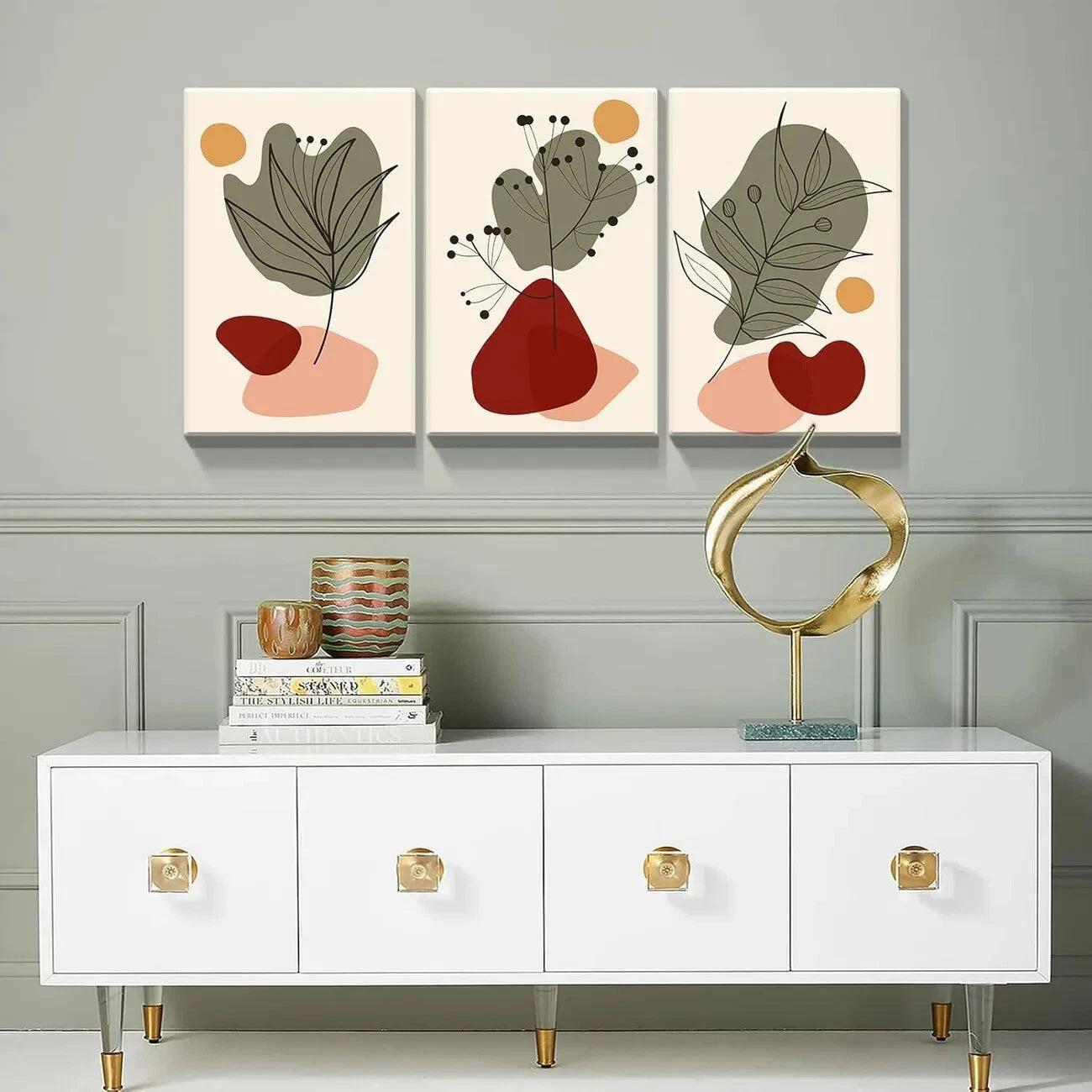 3pcs Abstract Plant and Shapes Mid Century Metal Print Ready to Hang Art