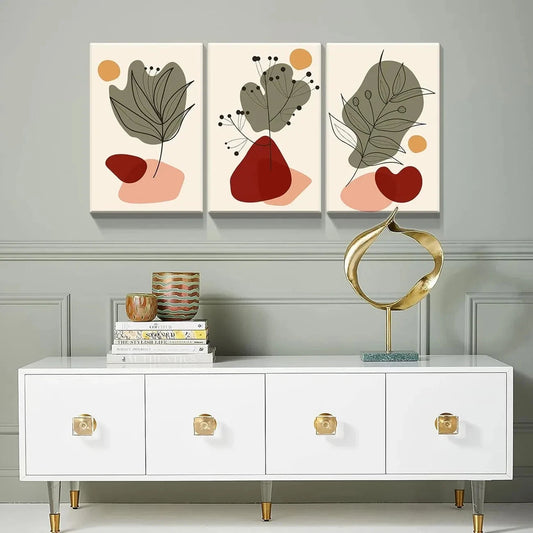 3pcs Abstract Plant and Shapes Mid Century Metal Print Ready to Hang Art