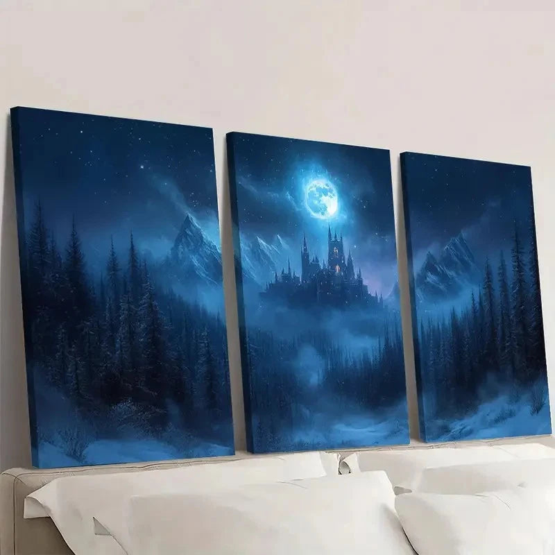 3pcs Night Moon Sky, Magic Realism Q Wall Art Set Canvas Framed 40x60cm - High Quality Print 100% Australian Made Wall Canvas Ready to Hang