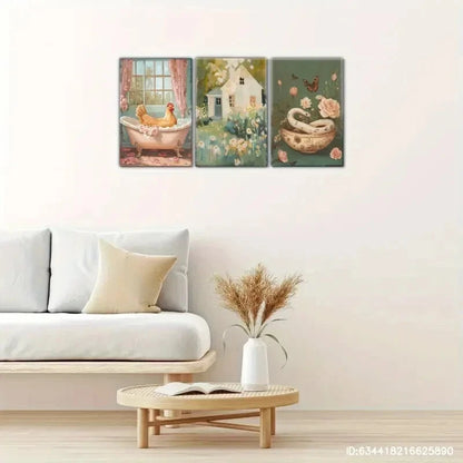 3pcs Rustic Style Snake & Chicken on Bathtub Metal Print Ready to Hang Art