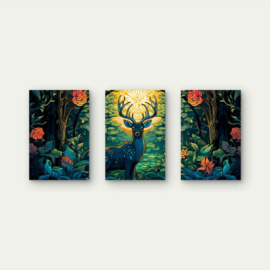 3pcs Enchanted Deer and Floral Forest Nature Art Wall Art Set Canvas Framed 60x90cm - High Quality Print 100% Australian Made Wall Canvas Ready to Hang