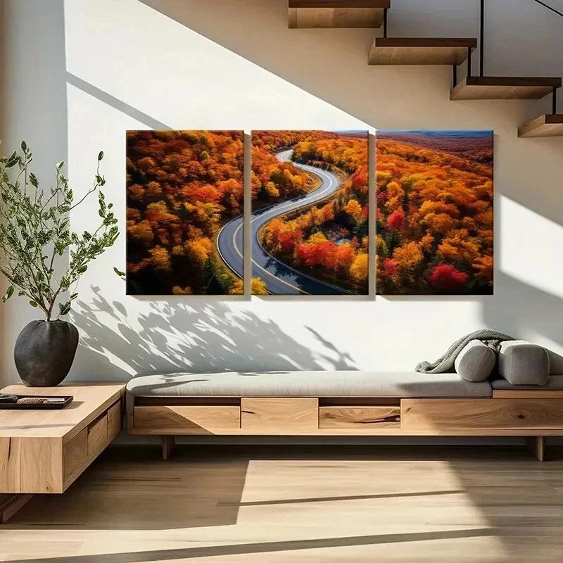 3pcs Golden Leaves Road Modern Decoration Wall Art Set Canvas Framed 40x60cm - High Quality Print 100% Australian Made Wall Canvas Ready to Hang