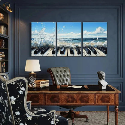 3pcs Ocean Waves Piano Keys Artwork Coastal Deco Metal Print Ready to Hang Art
