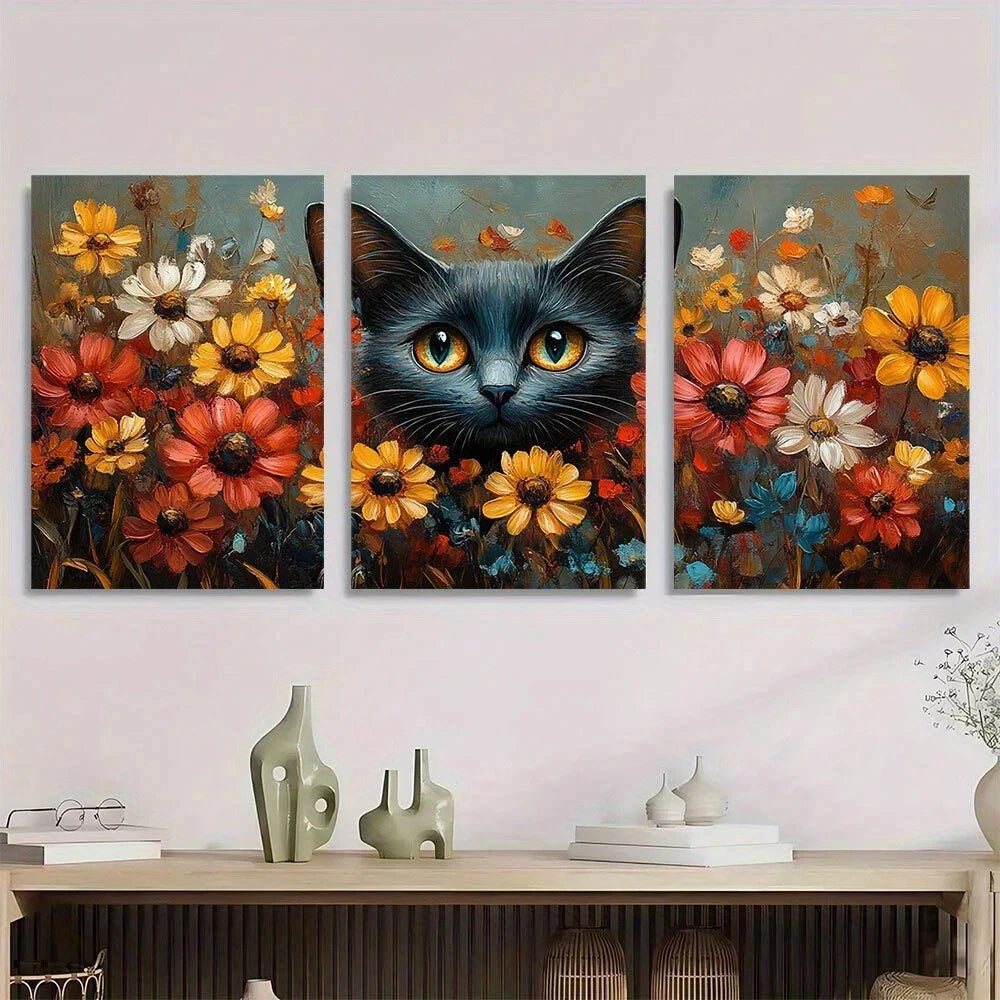 3pcs Vibrant Cat & Floral Colorful Abstract Metal Print Ready to Hang Art