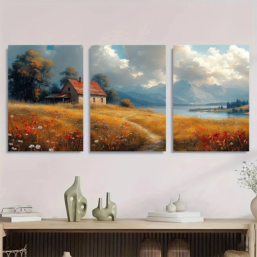3pcs Peaceful Old Farmhouse and Wildflowers Metal Print Ready to Hang Art