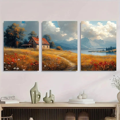 3pcs Peaceful Old Farmhouse and Wildflowers Metal Print Ready to Hang Art
