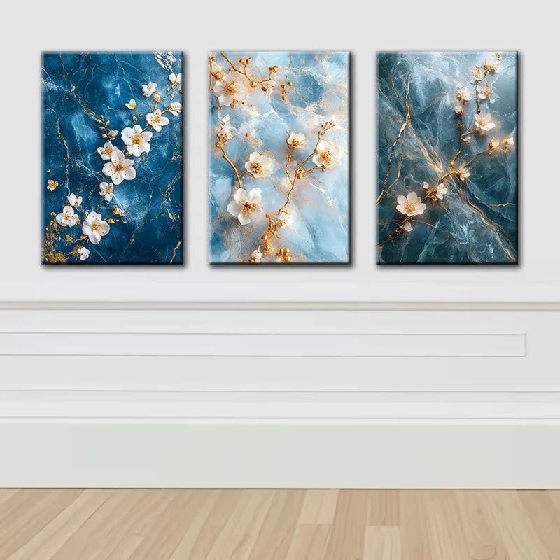 3pcs Blue, White & Golden Flowers Wall Art Set Canvas Framed 60x90cm - High Quality Print 100% Australian Made Wall Canvas Ready to Hang