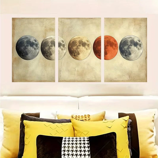 3pcs Beige Moon Phases Metal Print Ready to Hang Art